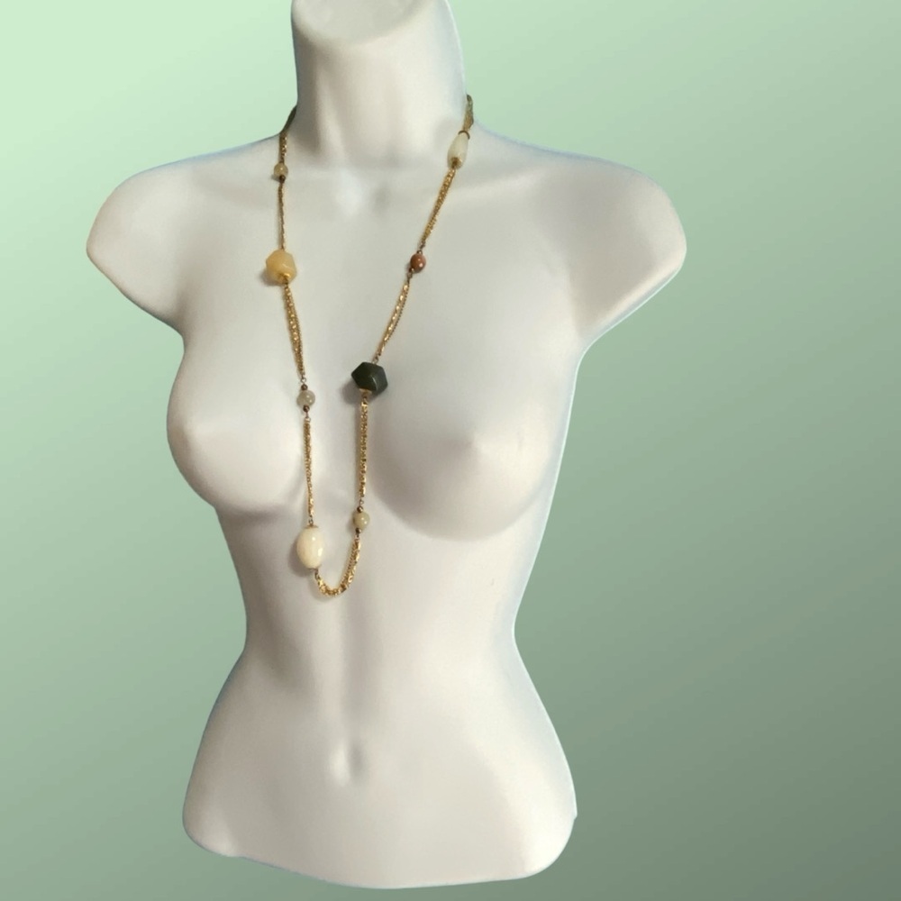 Vintage Gold Tone Chain With Natural Stone Beads Long Necklace